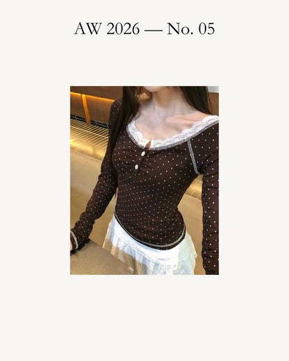 Polka Dot Lace Trim Square Neck Fitted Top