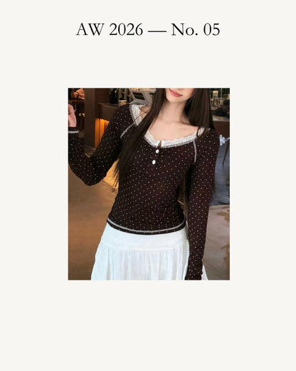 Polka Dot Lace Trim Square Neck Fitted Top