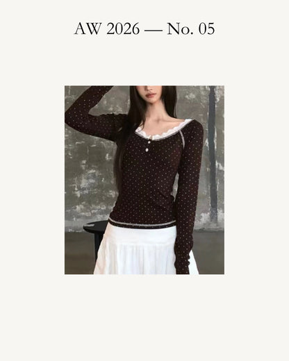 Polka Dot Lace Trim Square Neck Fitted Top