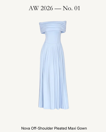 Nova Off-Shoulder Pleated Maxi Gown