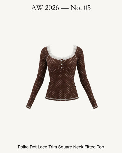 Polka Dot Lace Trim Square Neck Fitted Top